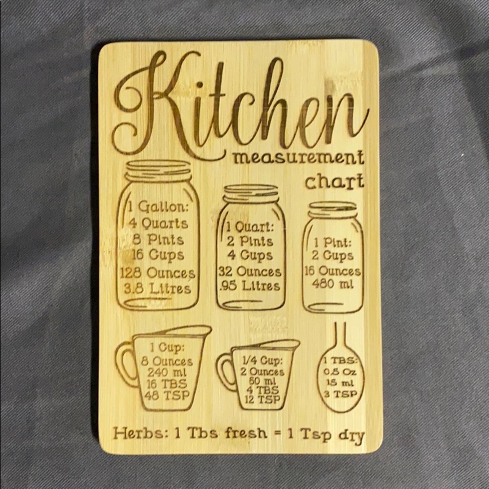 Kitchen conversion chart on a cutting board